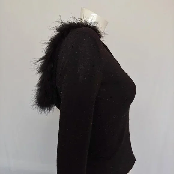 Black and gold fleck zip sweater hoodie with boa trimmed hood - Picture 2 of 11